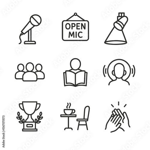 Poetry Icon Set. Outline icon set of poetry performance and sharing: microphone on stand, open mic sign, audience silhouette,