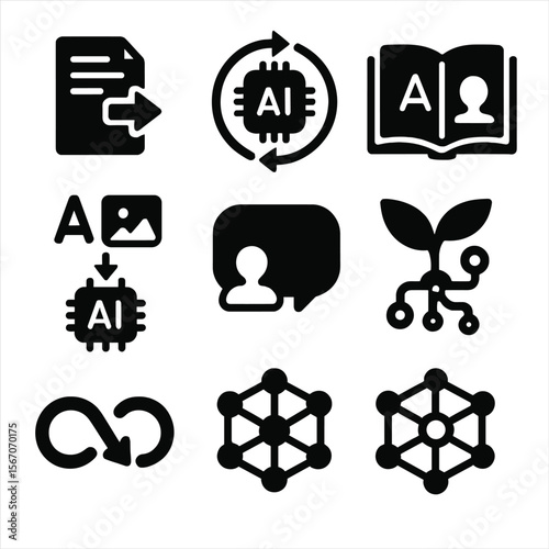 AI Translation Icons. Solid, Filled icon set of emerging AI translation features: zero-shot translation, on-device inference chip,