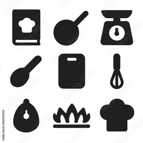 Cooking Icon Set. Solid, filled icon set of how to cook: recipe book, frying pan, kitchen scale, measuring spoon, cutting board,
