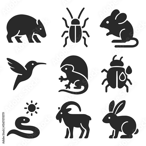 Desert Survival Icons. Solid, filled icons set of desertification-driven species: burrower beast, sand-colored