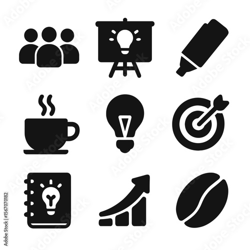 Brainstorming Icon Set. Solid, filled icons set of brainstorming with coffee: group icon, shared idea board,