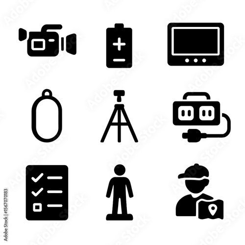 Indie Film Crew Essentials. Solid, filled icons set of indie film crew essentials: handheld camera, battery