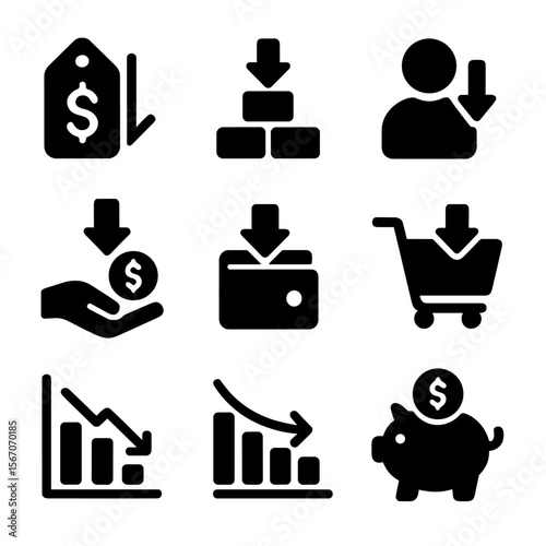 Deflation Icon Set. Solid, filled icons set of deflationary trends: falling prices, excess supply,