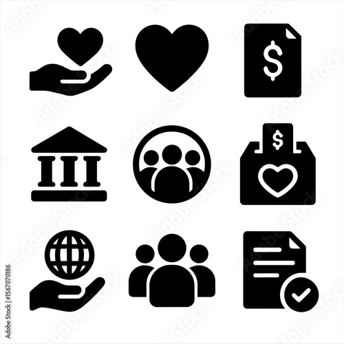 Charity Icon Set. Solid, filled icon set of charitable foundations: donation hand, heart icon, funding document, nonprofit
