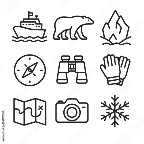 Polar Expedition Icons. Outline icon set of polar expedition cruises: icebreaker ship, polar bear, iceberg, compass, binoculars,