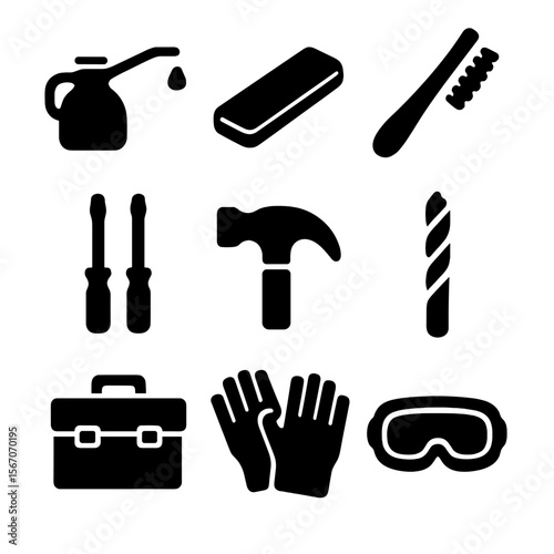 DIY Tools Icon Set. Solid, filled icon set of DIY tools maintenance: oil can, sharpening stone, tool cleaning brush, screwdriver