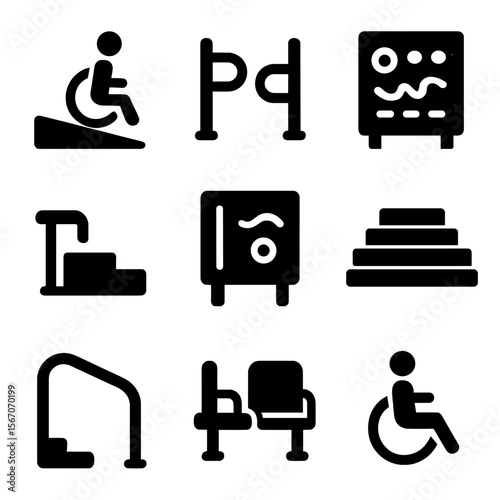 Inclusive Playground Icons. Solid, filled icons set of inclusive climbing play equipment: wheelchair ramp, low