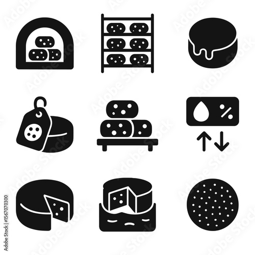 Cheese Aging Icons. Solid, filled icon set of cheese aging and storage: cheese cave, aging rack, wax coating, label tag, wooden
