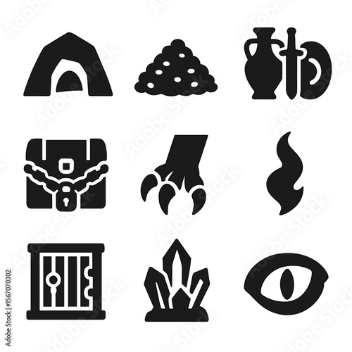 Dragon Lair Icons. Solid, filled icon set of fantasy dragon lair: cave mouth, hoarded gold, ancient artifacts, chained treasure,