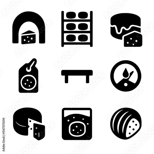 Cheese Aging Icons. Solid, filled icon set of cheese aging and storage: cheese cave, aging rack, wax coating, label tag, wooden