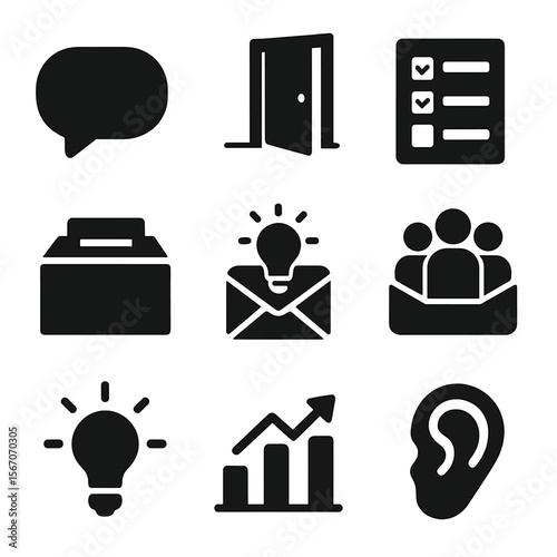 Internal Communication Icons. Solid, filled icons set of internal communication and feedback: chat bubble,