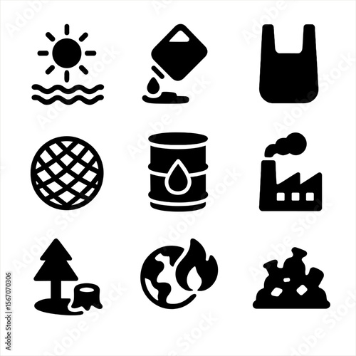 Coral Bleaching Causes Icons. Solid, filled icon set of causes of coral reef bleaching: heat wave, chemical spill, plastic bag,