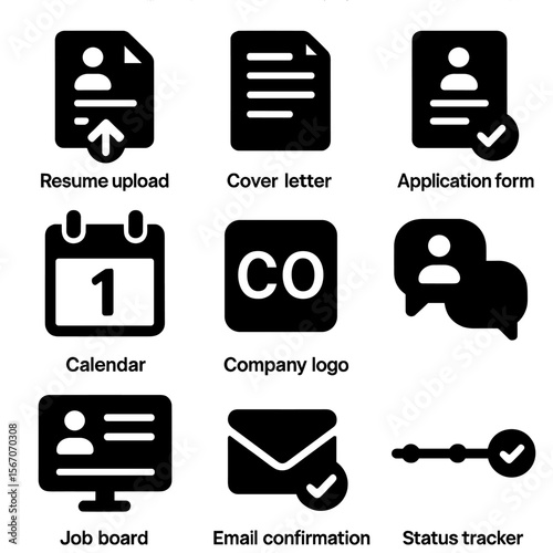 Internship Application Icons. Solid, filled icons set of internship application process: resume upload, cover