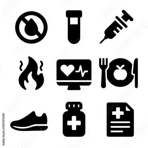 Chronic Conditions Icons. Solid, filled icon set of chronic conditions affecting healing: diabetes symbol, blood test vial,