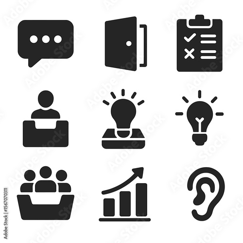 Internal Communication Icons. Solid, filled icons set of internal communication and feedback: chat bubble,