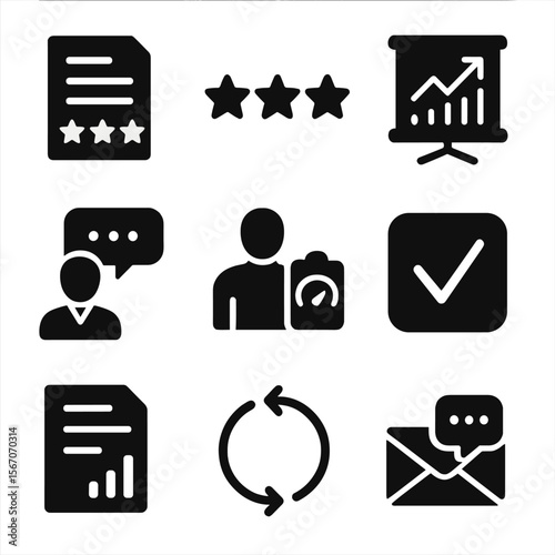 Internship Feedback Icons. Solid, filled icons set of internship feedback and evaluation: review sheet, rating