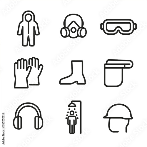 PPE Outline Icons. Outline icon set of personal protective equipment: hazmat suit, respirator mask, safety goggles,