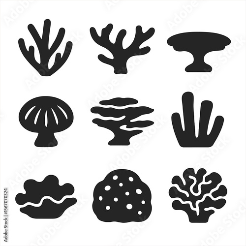 Coral Icons Grid. Solid, filled icon set of coral types and forms: staghorn coral, elkhorn coral, table coral, mushroom coral,