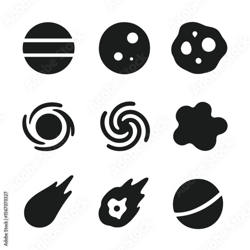 Cosmic Icon Set. Solid, filled icon set of cosmic objects: planet, moon, asteroid, black hole, galaxy spiral, nebula cloud, comet,