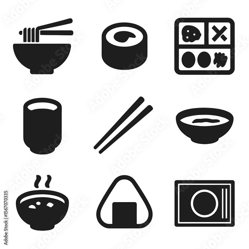 Japanese Food Icons. Solid, filled icons set of Japanese food experience: ramen bowl, sushi roll, bento box,