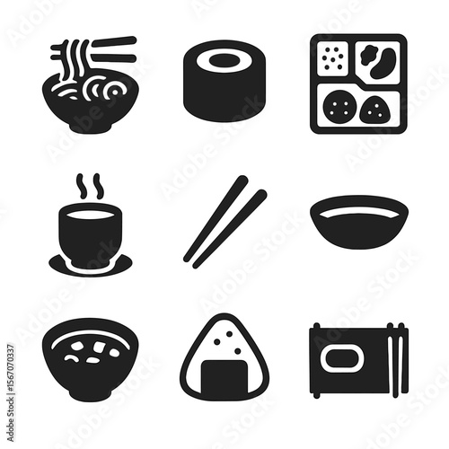 Japanese Food Icons. Solid, filled icons set of Japanese food experience: ramen bowl, sushi roll, bento box,