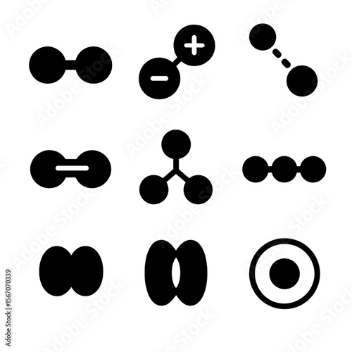 Chemical Bond Icons. Solid, filled icon set of chemical bonding types: covalent bond, ionic bond, hydrogen bond, triple bond,