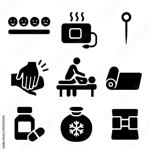 Chronic Pain Icon Set. Solid, filled icon set of chronic pain management: pain scale, heating pad, acupuncture needle, massage