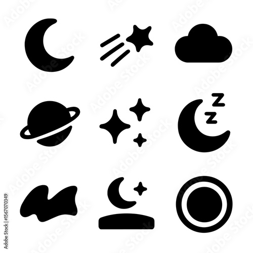 Dreamy Night Icons. Solid, filled icon set of dreamy night skies: crescent moon, shooting star, fluffy cloud, glowing planet,