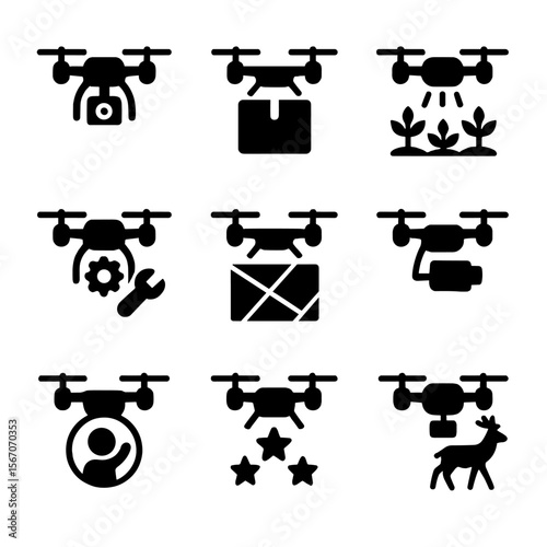 Drone Application Icons. Solid, filled icon set of drone applications: aerial photography, delivery package, agriculture