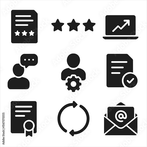 Internship Feedback Icons. Solid, filled icons set of internship feedback and evaluation: review sheet, rating
