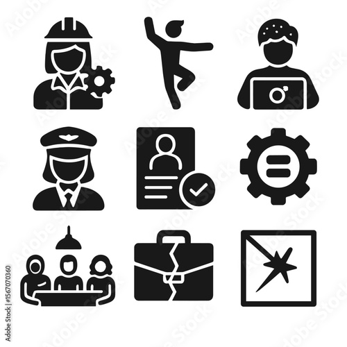 Breaking Career Stereotypes. Solid, filled icons set of breaking career stereotypes: female engineer, male