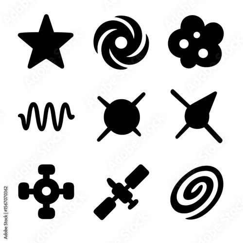 Cosmic Energy Icon Grid. Solid, filled icon set of advanced cosmic energy: star, black hole, nebula, energy wave, pulsar, solar