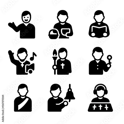 Church Service Helpers Icons. Solid, filled icon set of Church service helpers: greeter, usher, reader, choir director, altar