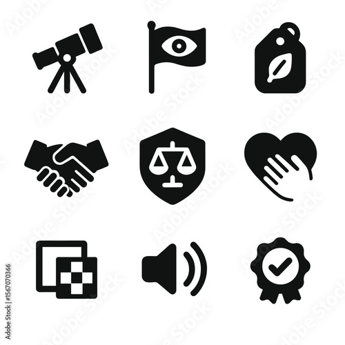 Brand Values Icons. Solid, filled icons set of brand values and identity: mission icon, vision flag, ethical