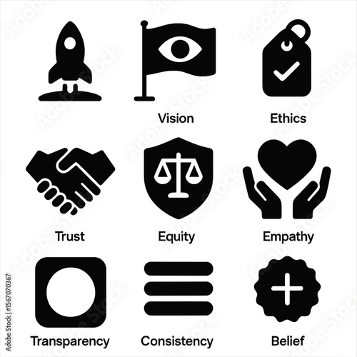 Brand Values Icons. Solid, filled icons set of brand values and identity: mission icon, vision flag, ethical