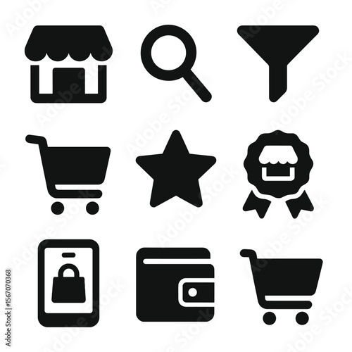 Digital Marketplace Icons. Solid, filled icons set of digital marketplaces: online store, search icon, filter