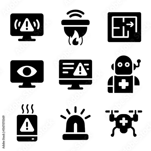 IoT Emergency Icons. Solid, filled icons set of IoT in emergency response: real-time alert, smart fire alarm,