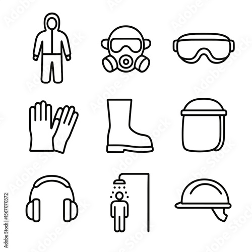 PPE Outline Icons. Outline icon set of personal protective equipment: hazmat suit, respirator mask, safety goggles,