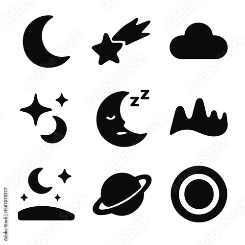 Dreamy Night Icons. Solid, filled icon set of dreamy night skies: crescent moon, shooting star, fluffy cloud, glowing planet,