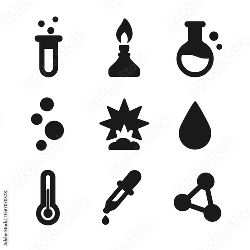 Chemical Reaction Icons. Solid, filled icon set of chemical compound reactions: test tube, Bunsen burner, reaction flask, gas