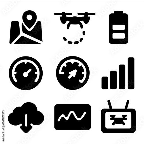 Drone Icon Grid. Solid, filled icon set of drone tracking and data: GPS map, flight path, battery status, speedometer, altitude