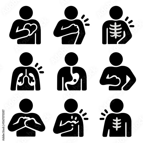 Chest Pain Icons. Solid, filled icon set of chest and upper body pain: heart attack, muscle strain, rib pain, lung inflammation,