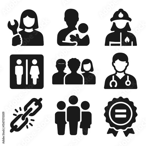 Breaking Gender Stereotypes. Solid, filled icons set of breaking gender roles: woman with wrench, man holding