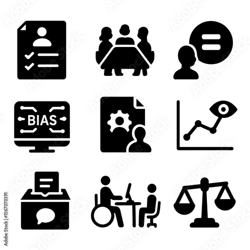 Breaking Workplace Bias Icons. Solid, filled icons set of breaking workplace bias: fair hiring checklist,