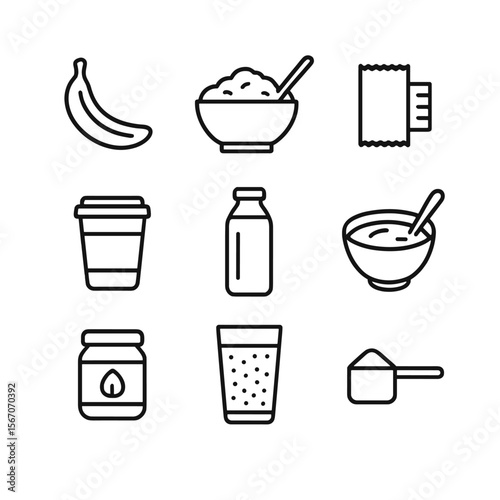 Pre-Workout Nutrition Icons. Outline icon set of pre-workout nutrition essentials: banana, oatmeal bowl, energy bar, coffee cup,