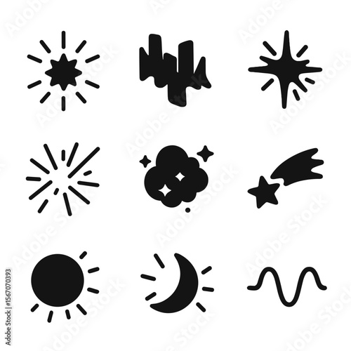 Cosmic Light Icons. Solid, filled icon set of cosmic light phenomena: supernova burst, aurora borealis, star explosion, cosmic