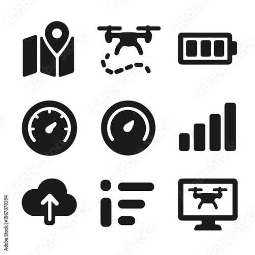 Drone Icon Grid. Solid, filled icon set of drone tracking and data: GPS map, flight path, battery status, speedometer, altitude
