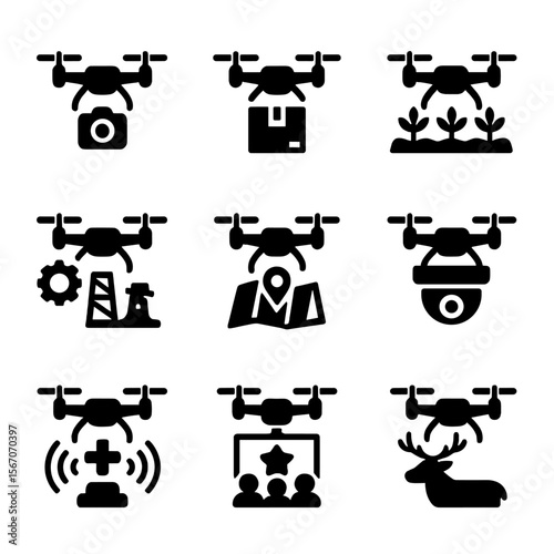 Drone Application Icons. Solid, filled icon set of drone applications: aerial photography, delivery package, agriculture