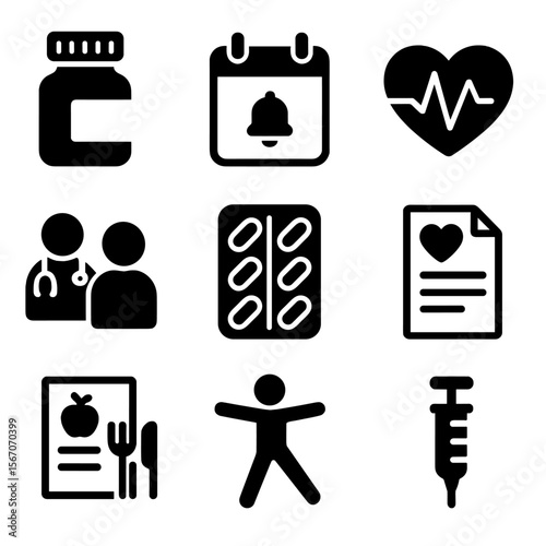 Chronic Disease Icons. Solid, filled icon set of chronic disease management: medication bottle, calendar reminder, heart rate