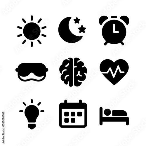Circadian Rhythm Icons. Solid, filled icon set of circadian rhythm: sun, moon, alarm clock, sleep mask, brain, heartbeat, light